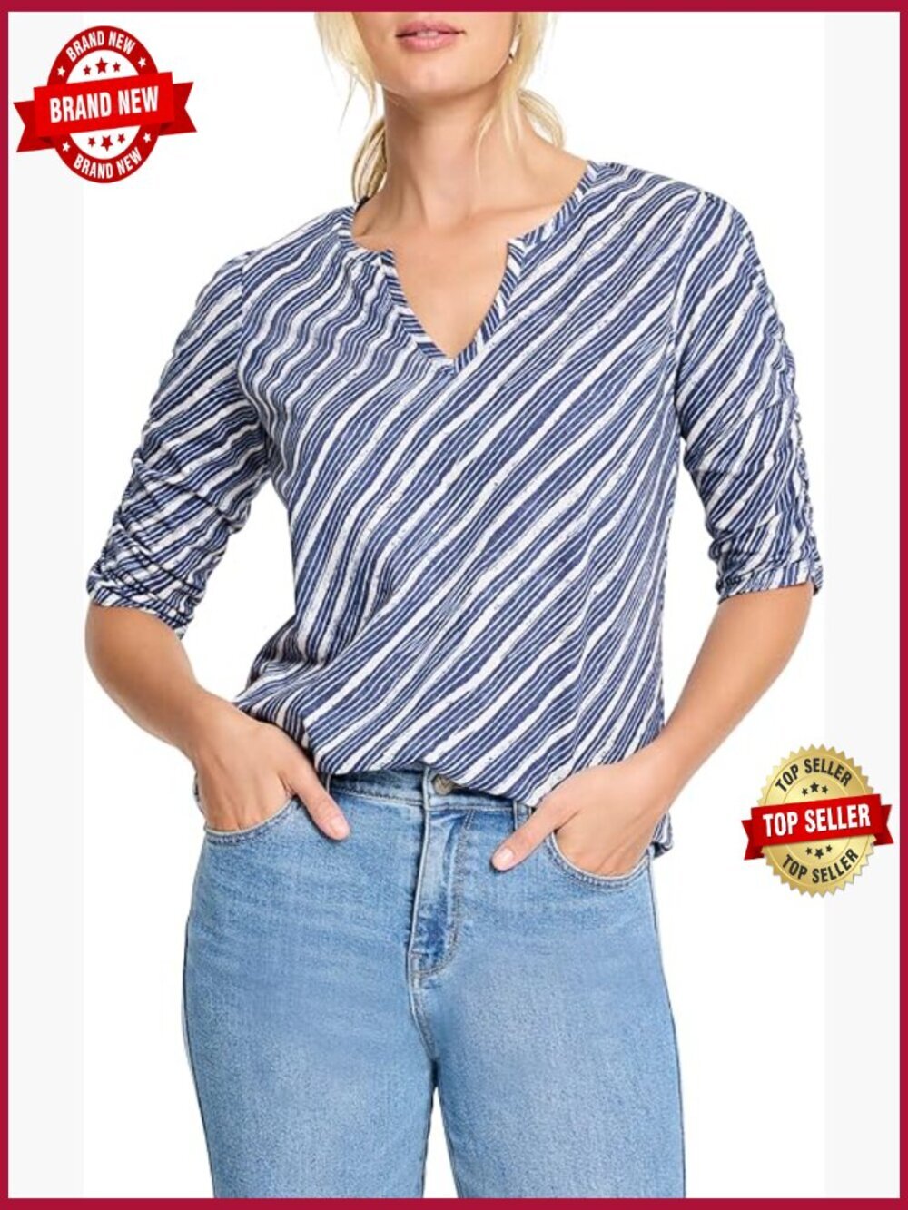 Mixed Stripe Ruched Sleeve Tee Split Neck Pull-On Style Cotton